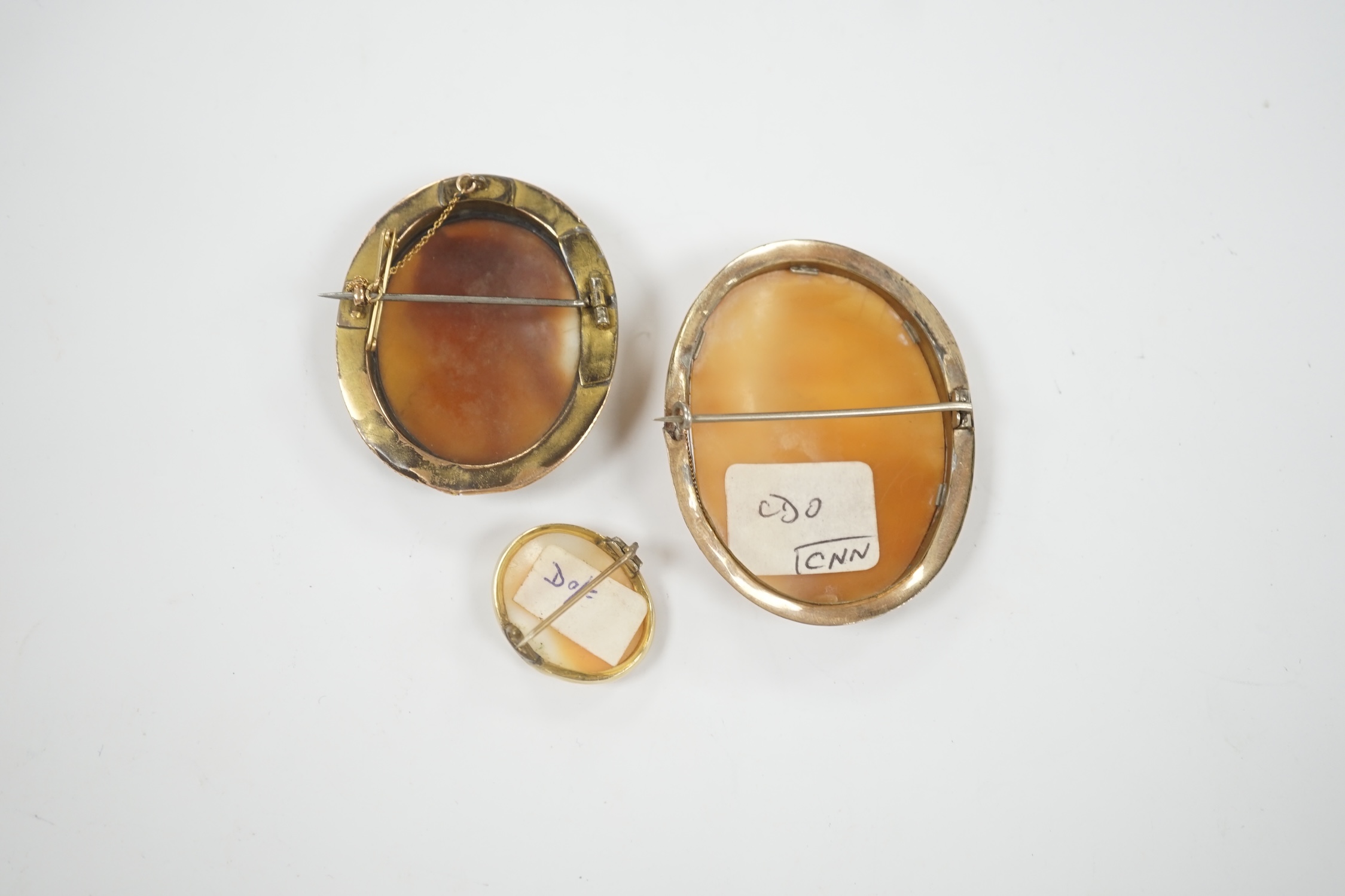 Two yellow metal mounted oval cameo shell brooches, the largest depicting Diana and the Eagle, 55mm and one other gilt metal mounted oval cameo shell brooch.